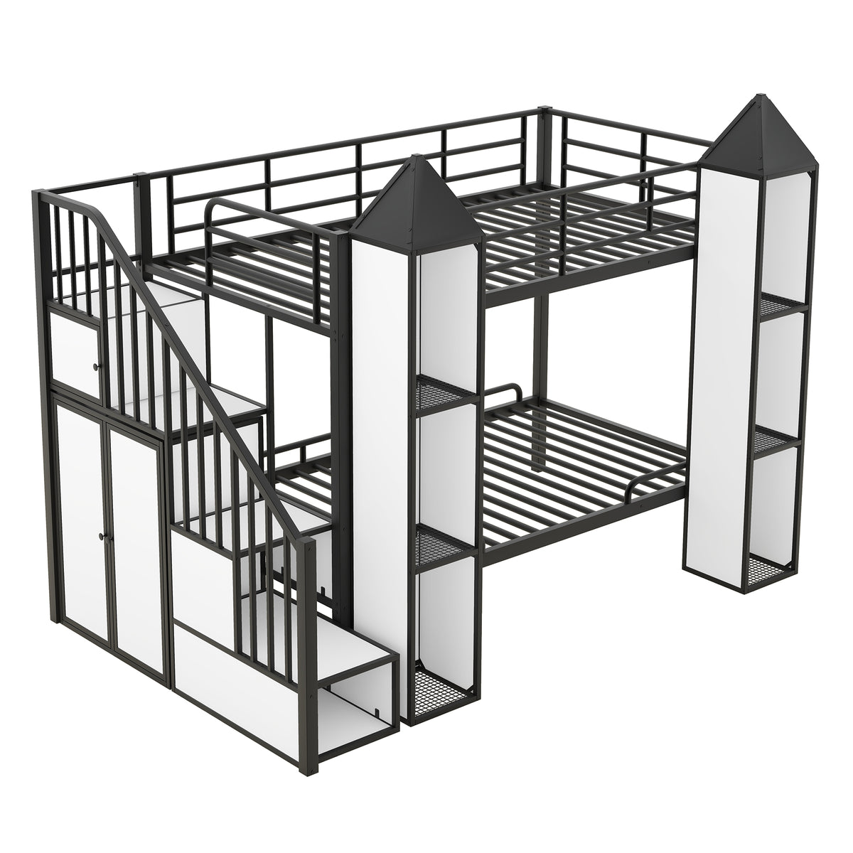 Metal Twin Over Twin Castle Shaped Bunk Bed With Wardrobe And Multiple Storage, Black White Box Spring Not Required Twin White Black Metal Bedroom Bunk Metal & Wood