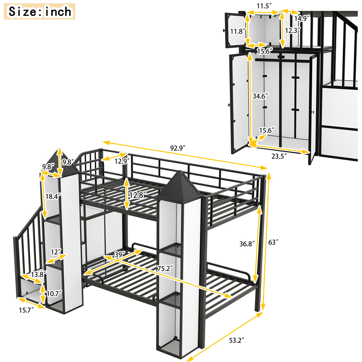 Metal Twin Over Twin Castle Shaped Bunk Bed With Wardrobe And Multiple Storage, Black White Box Spring Not Required Twin White Black Metal Bedroom Bunk Metal & Wood