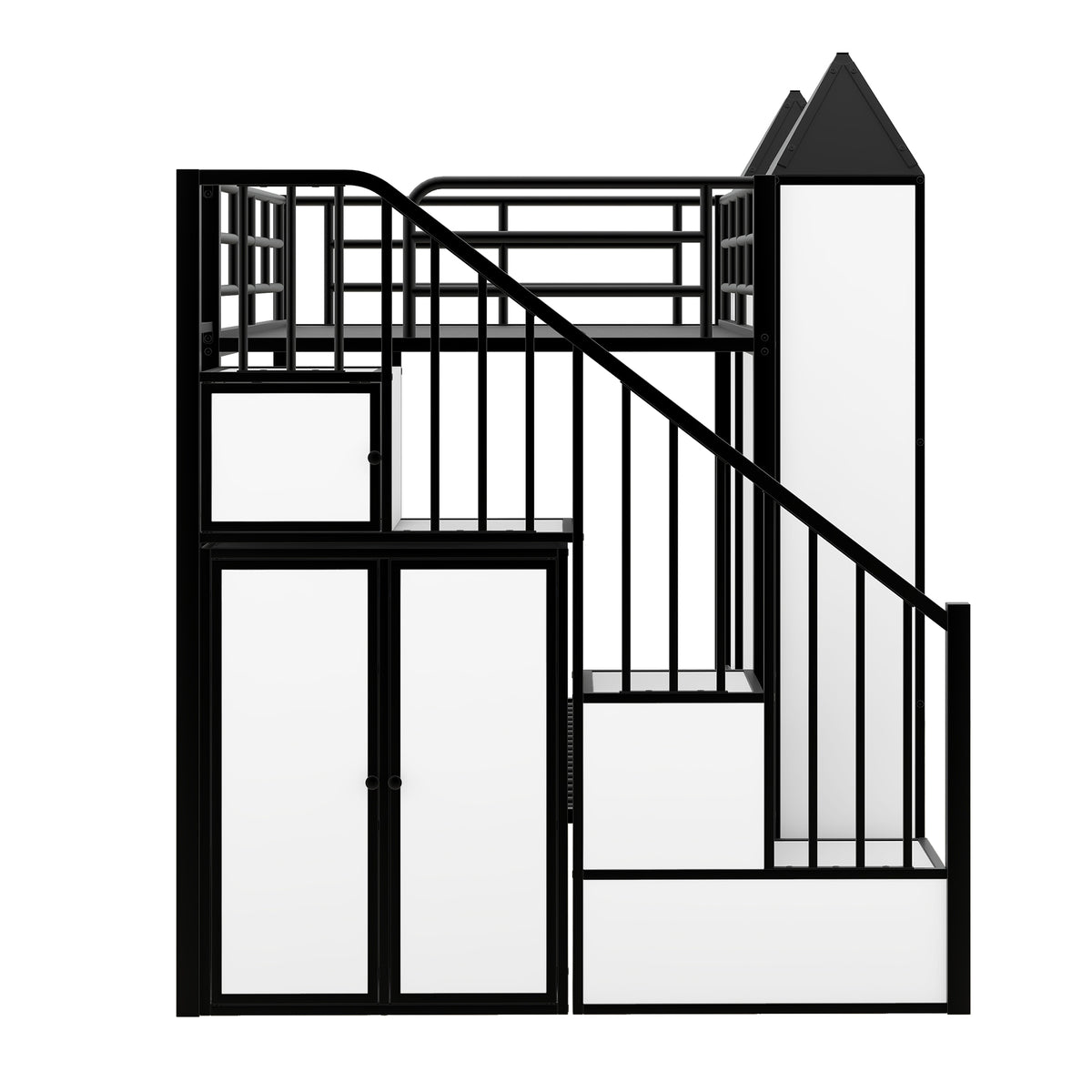 Metal Twin Over Twin Castle Shaped Bunk Bed With Wardrobe And Multiple Storage, Black White Box Spring Not Required Twin White Black Metal Bedroom Bunk Metal & Wood