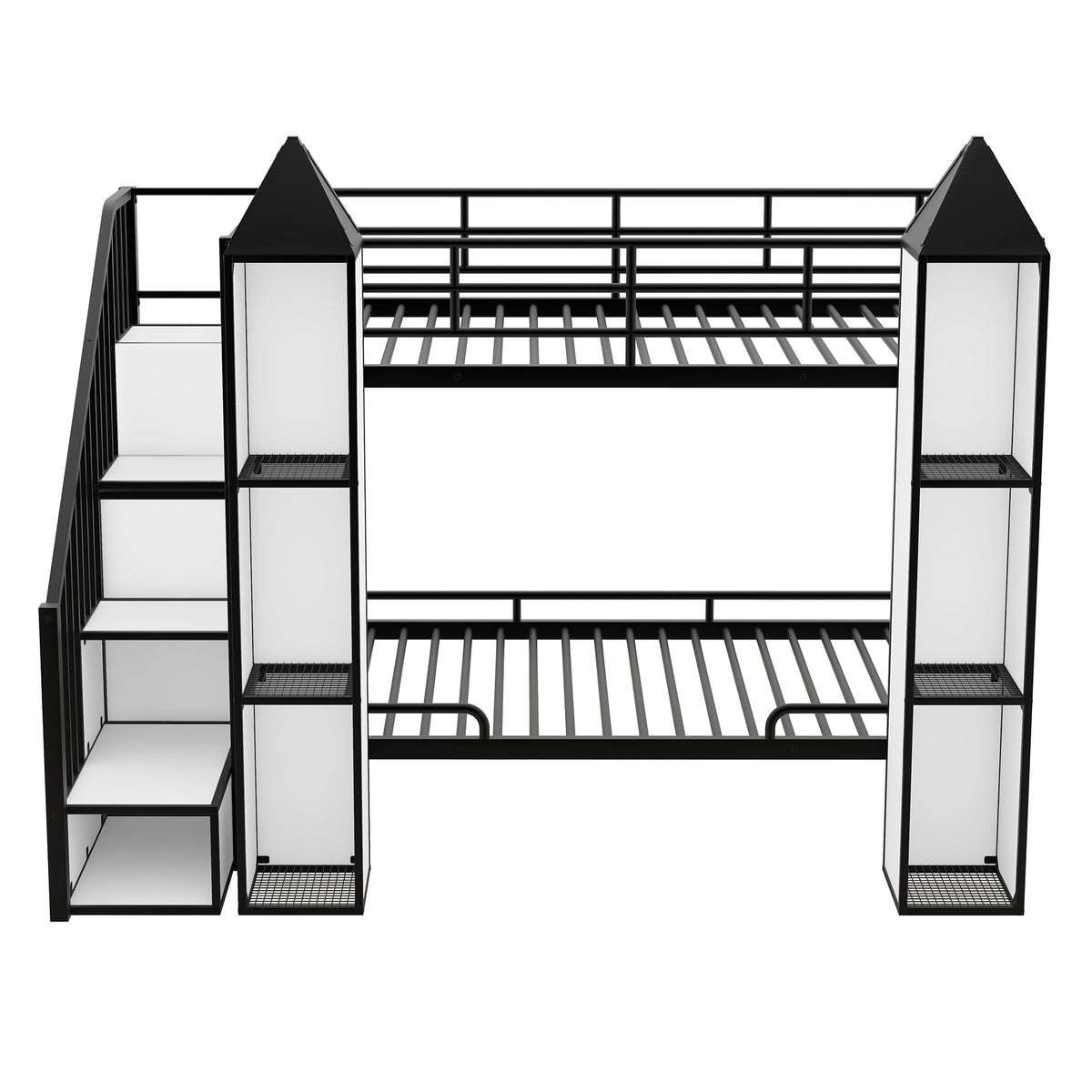 Metal Twin Over Twin Castle Shaped Bunk Bed With Wardrobe And Multiple Storage, Black White Box Spring Not Required Twin White Black Metal Bedroom Bunk Metal & Wood