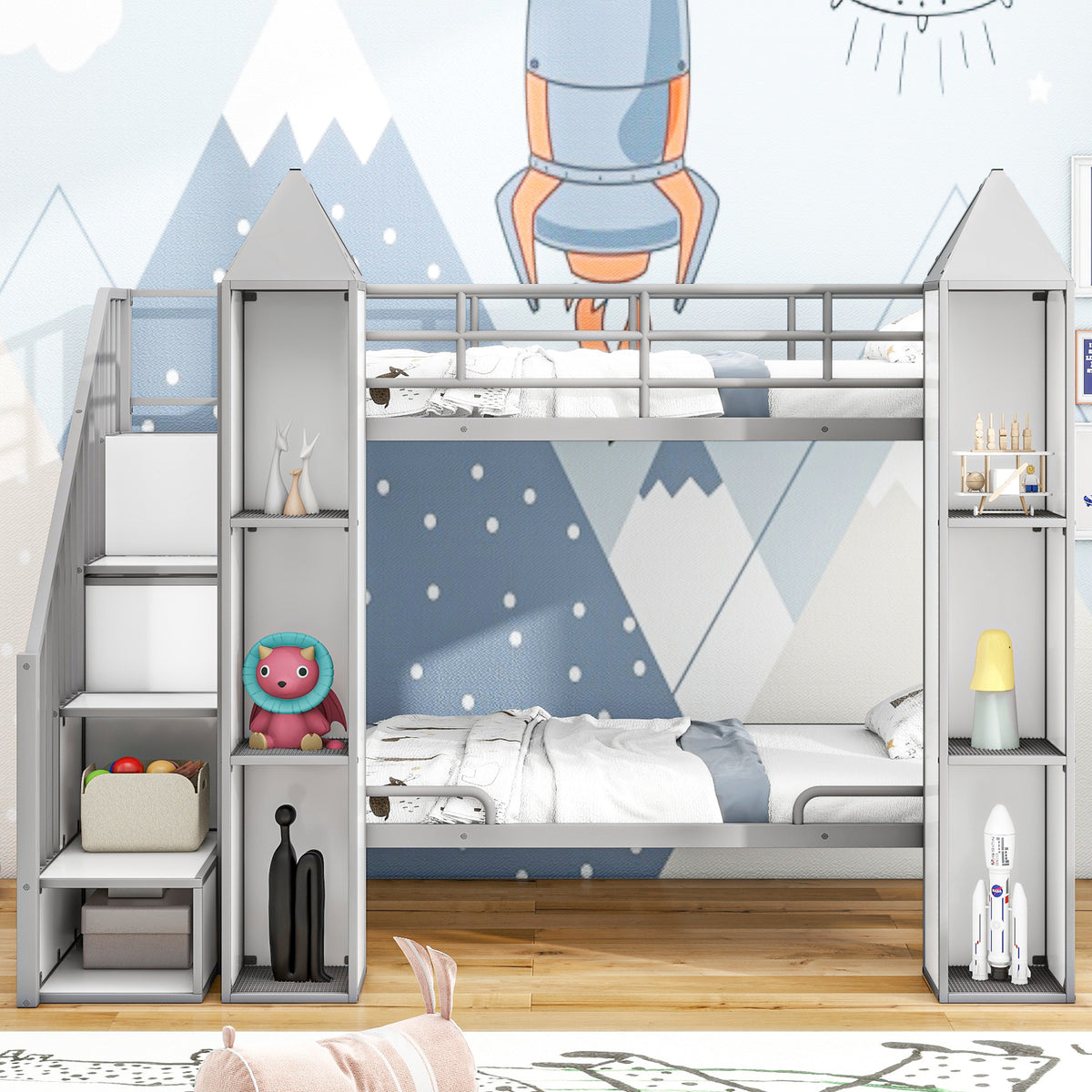 Metal Twin Over Twin Castle Shaped Bunk Bed With Wardrobe And Multiple Storage, Gray White Box Spring Not Required Twin White Gray Metal Bedroom Bunk Metal & Wood