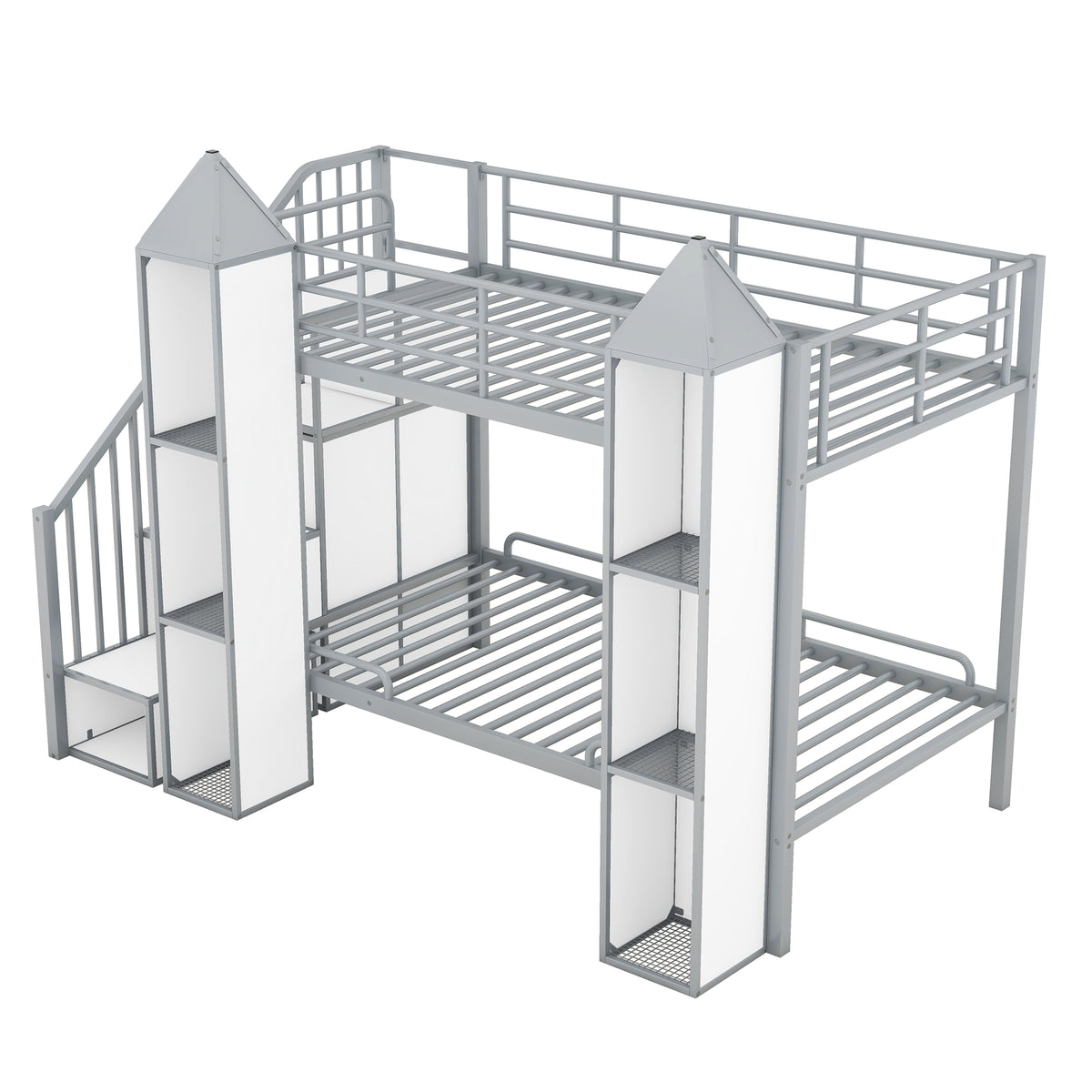 Metal Twin Over Twin Castle Shaped Bunk Bed With Wardrobe And Multiple Storage, Gray White Box Spring Not Required Twin White Gray Metal Bedroom Bunk Metal & Wood