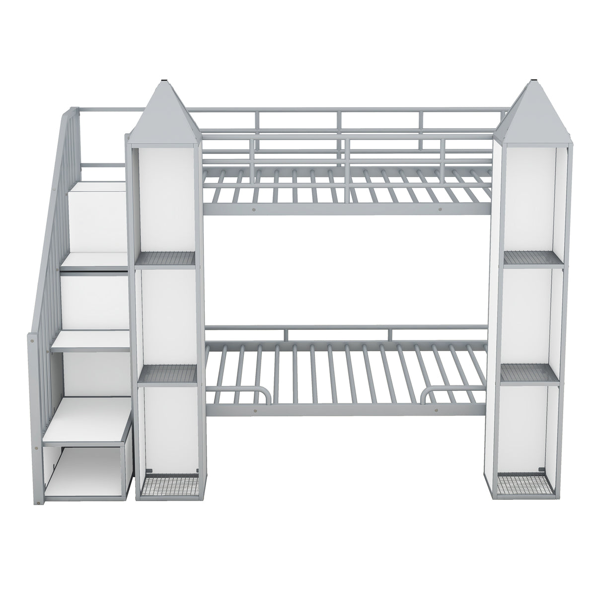 Metal Twin Over Twin Castle Shaped Bunk Bed With Wardrobe And Multiple Storage, Gray White Box Spring Not Required Twin White Gray Metal Bedroom Bunk Metal & Wood