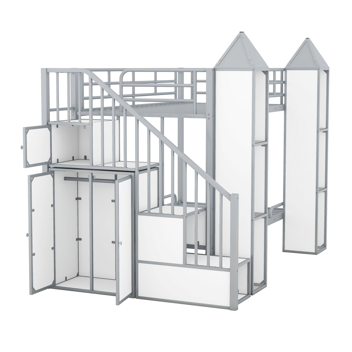 Metal Twin Over Twin Castle Shaped Bunk Bed With Wardrobe And Multiple Storage, Gray White Box Spring Not Required Twin White Gray Metal Bedroom Bunk Metal & Wood