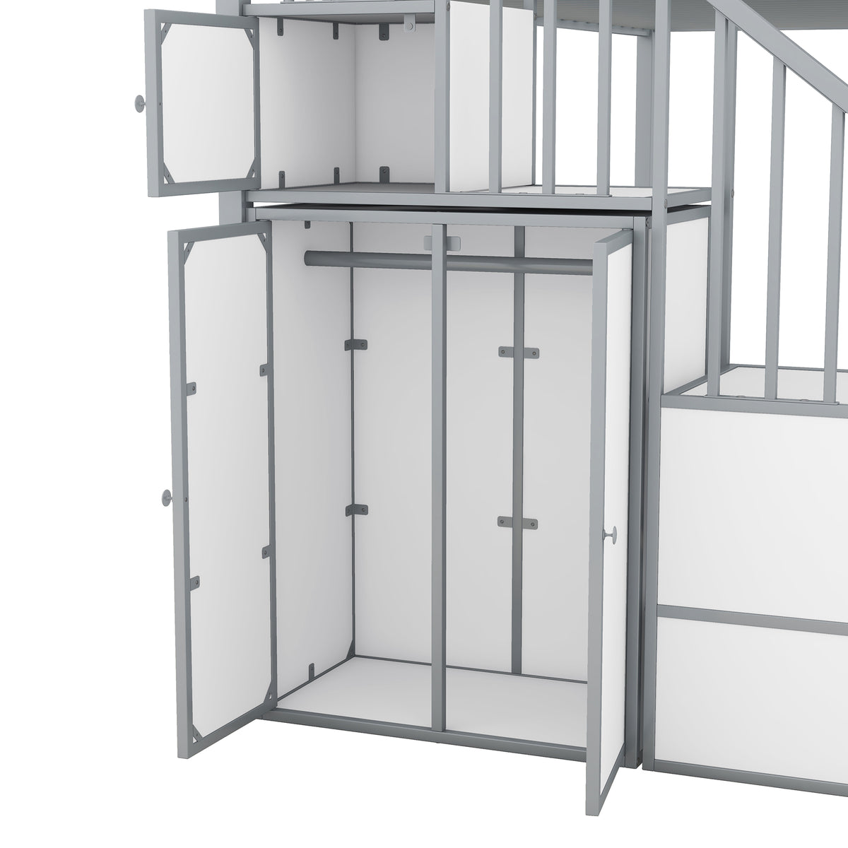 Metal Twin Over Twin Castle Shaped Bunk Bed With Wardrobe And Multiple Storage, Gray White Box Spring Not Required Twin White Gray Metal Bedroom Bunk Metal & Wood