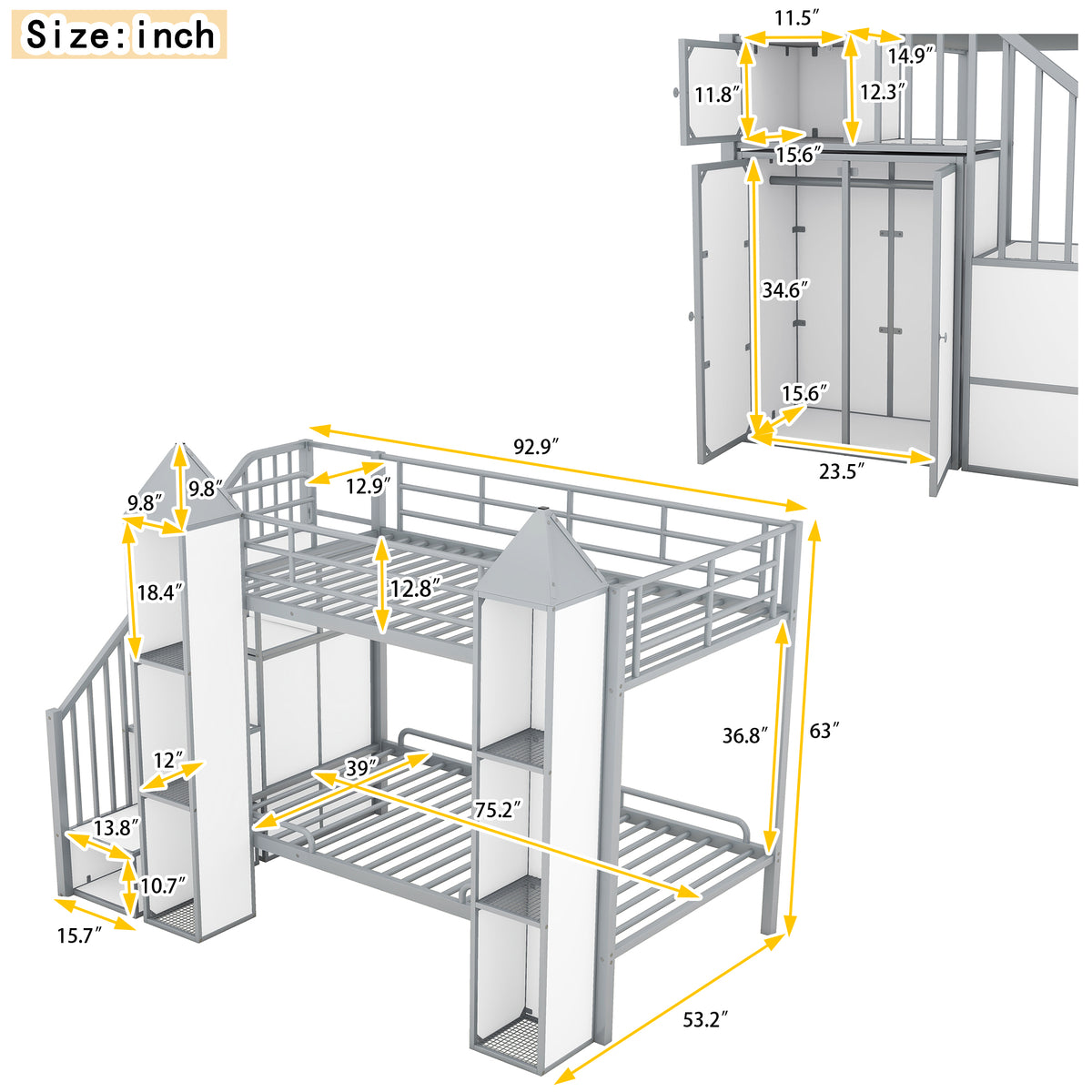 Metal Twin Over Twin Castle Shaped Bunk Bed With Wardrobe And Multiple Storage, Gray White Box Spring Not Required Twin White Gray Metal Bedroom Bunk Metal & Wood