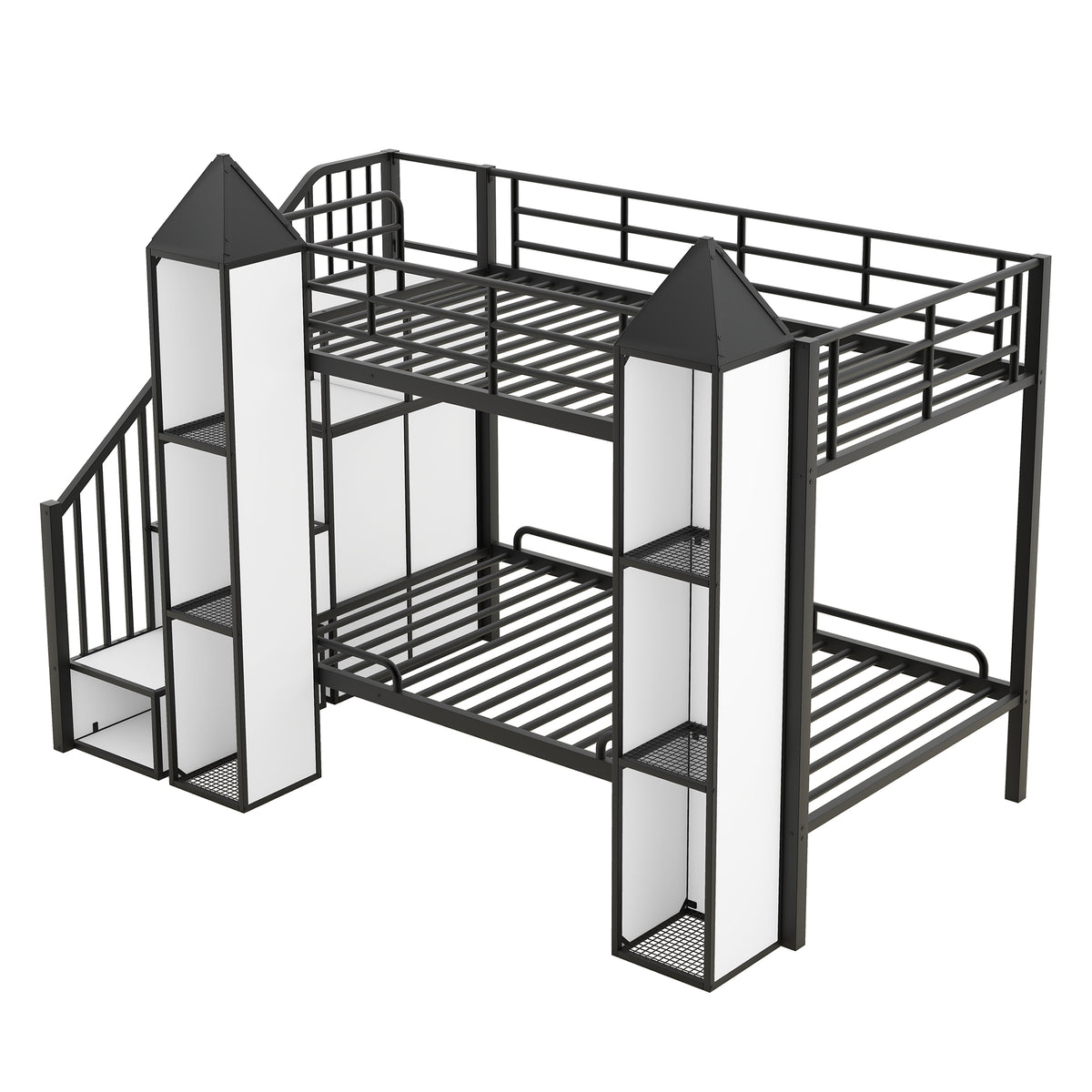 Metal Twin Over Twin Castle Shaped Bunk Bed With Wardrobe And Multiple Storage, Black White Box Spring Not Required Twin White Black Metal Bedroom Bunk Metal & Wood