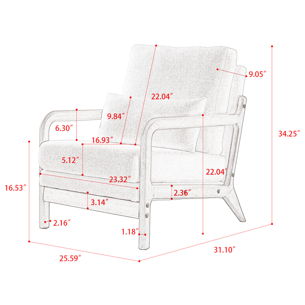 Modern Teddy Fabric Accent Chair,Wood Frame Armchair For Living Room White Teddy
