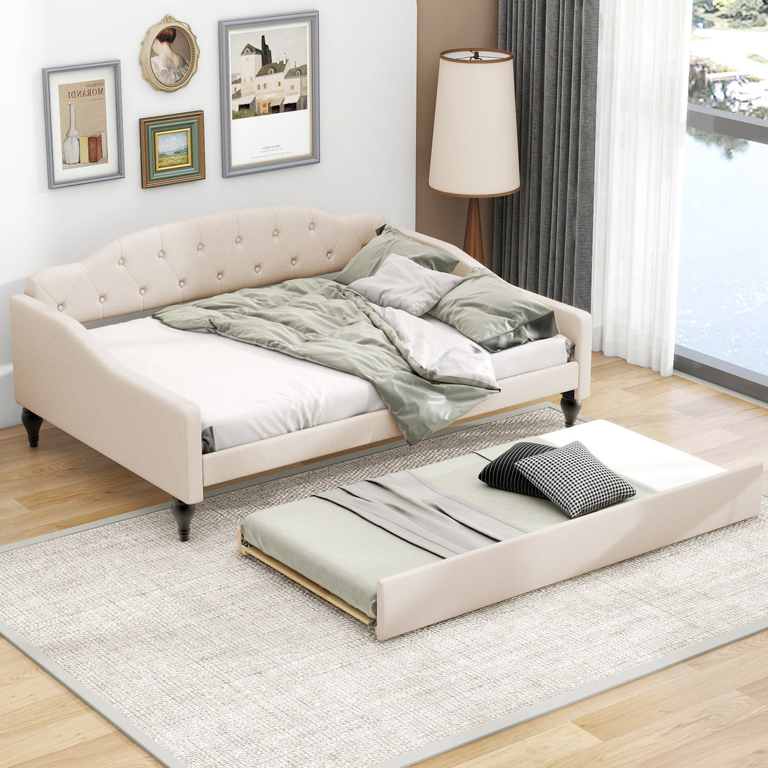 Full Size Upholstered Tufted Daybed With Twin Size Trundle, Beige Box Spring Not Required Full Beige Wood Daybeds Linen Upholstered