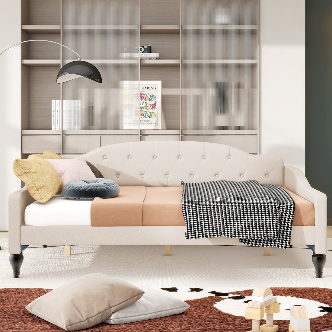 Full Size Upholstered Tufted Daybed, Beige Box Spring Not Required Beige Wood Linen Upholstered