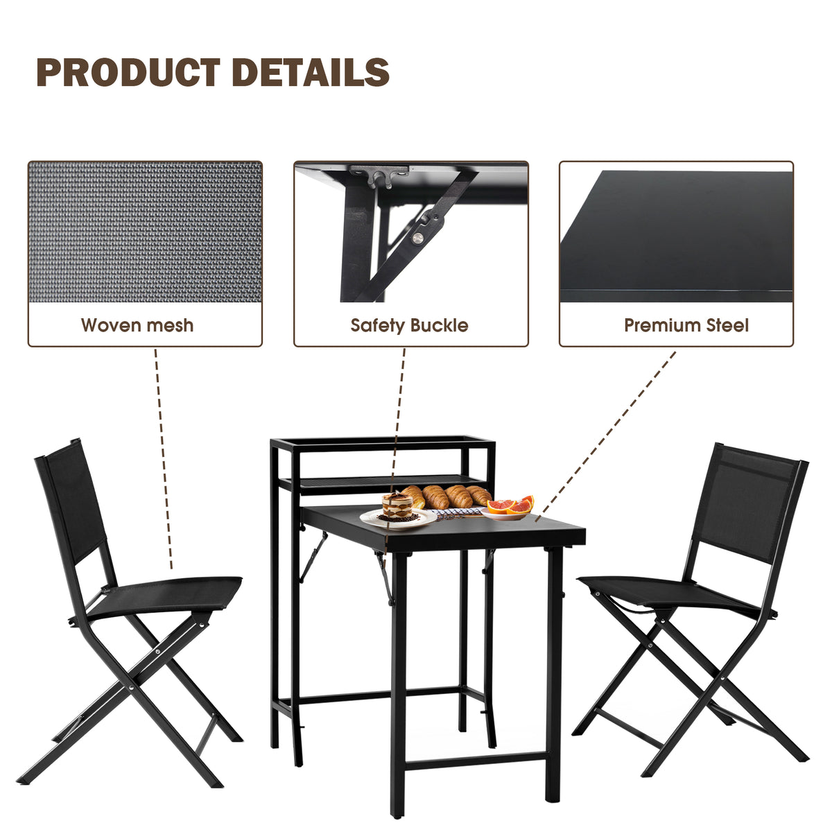 3Pcs Patio Bistro Set, Patio Set Of Foldable Patio Table And Chairs,Outdoor Patio Furniture Sets,Black No Complete Patio Set Black Rust Resistant Frame Garden & Outdoor 2 Person Seating Group Steel Steel