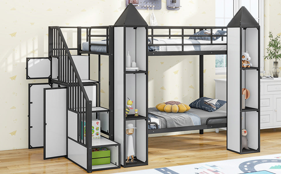 Metal Twin Over Twin Castle Shaped Bunk Bed With Wardrobe And Multiple Storage, Black White Box Spring Not Required Twin White Black Metal Bedroom Bunk Metal & Wood