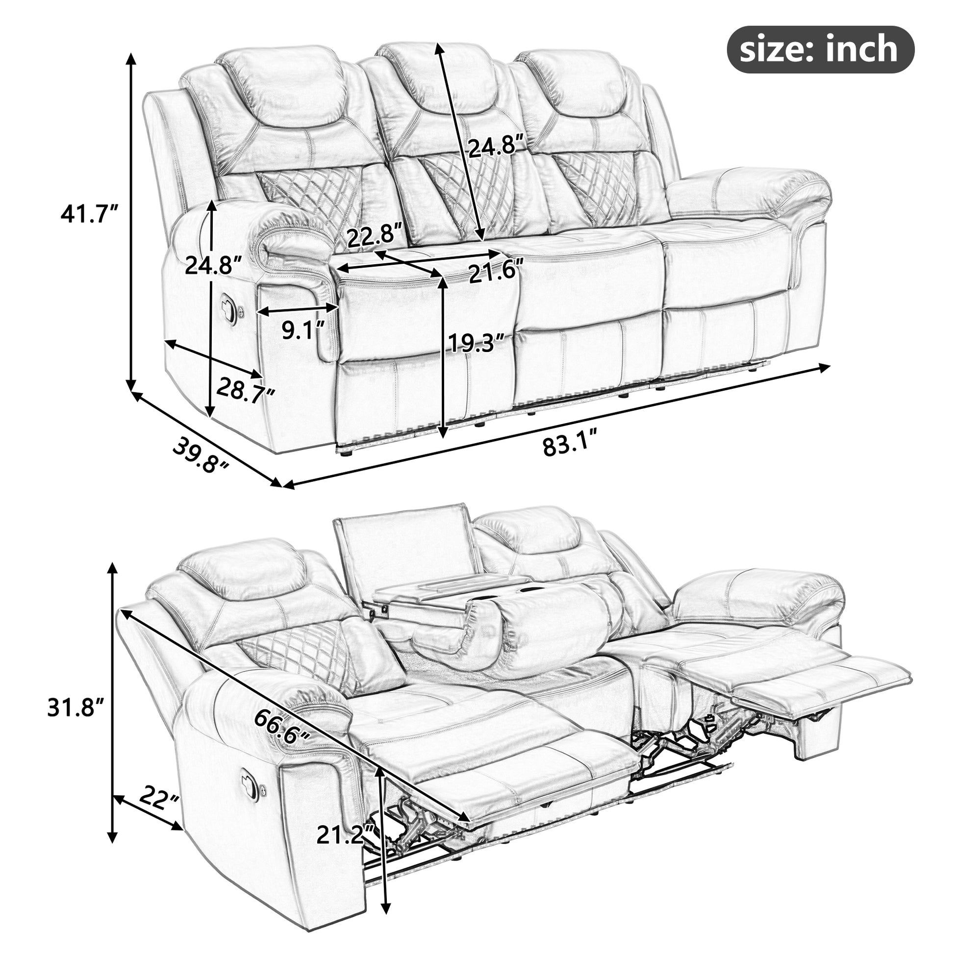 3 Pieces Recliner Sofa Sets Home Theater Seating Manual Recliner Chair With Center Console And Led Light Strip For Living Room, Wine Red Wine Red Foam Faux Leather