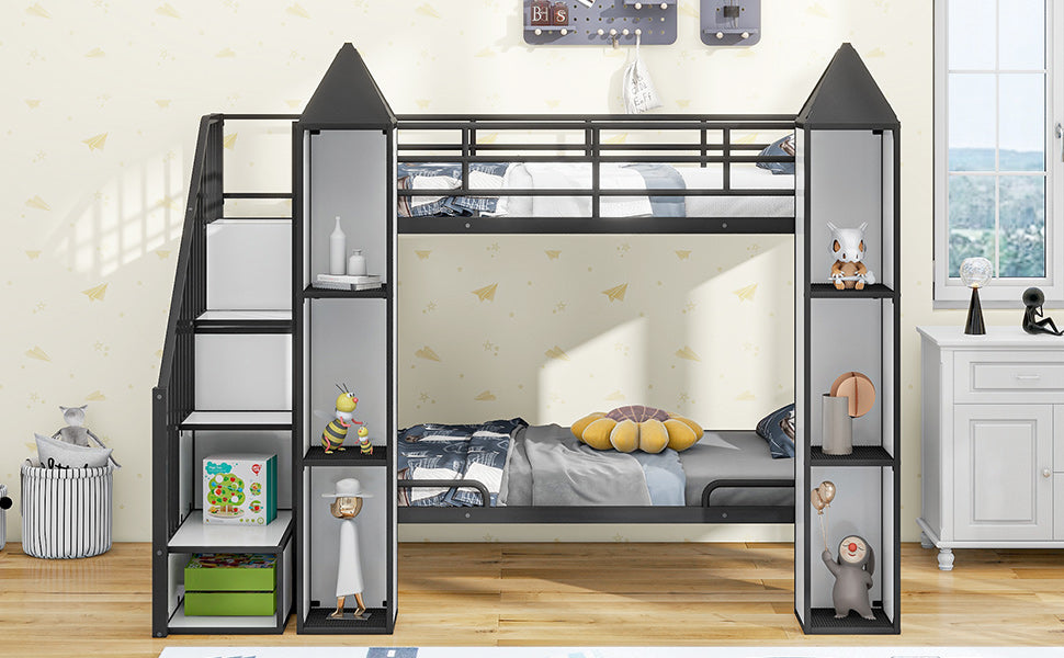 Metal Twin Over Twin Castle Shaped Bunk Bed With Wardrobe And Multiple Storage, Black White Box Spring Not Required Twin White Black Metal Bedroom Bunk Metal & Wood