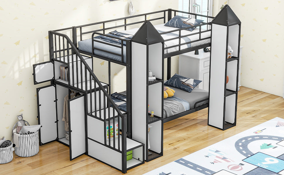 Metal Twin Over Twin Castle Shaped Bunk Bed With Wardrobe And Multiple Storage, Black White Box Spring Not Required Twin White Black Metal Bedroom Bunk Metal & Wood
