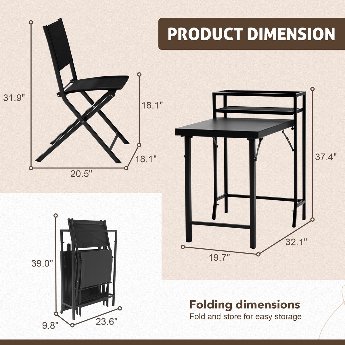 3Pcs Patio Bistro Set, Patio Set Of Foldable Patio Table And Chairs,Outdoor Patio Furniture Sets,Black No Complete Patio Set Black Rust Resistant Frame Garden & Outdoor 2 Person Seating Group Steel Steel