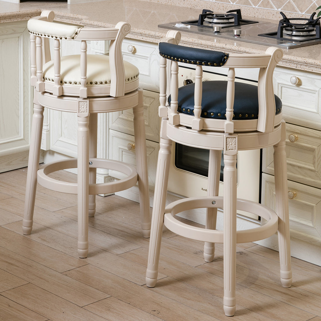 Bar Stools Seat Height 26'' Leather Wooden Bar Stools White Blue 1Pc Cream Blue Genuine Leather