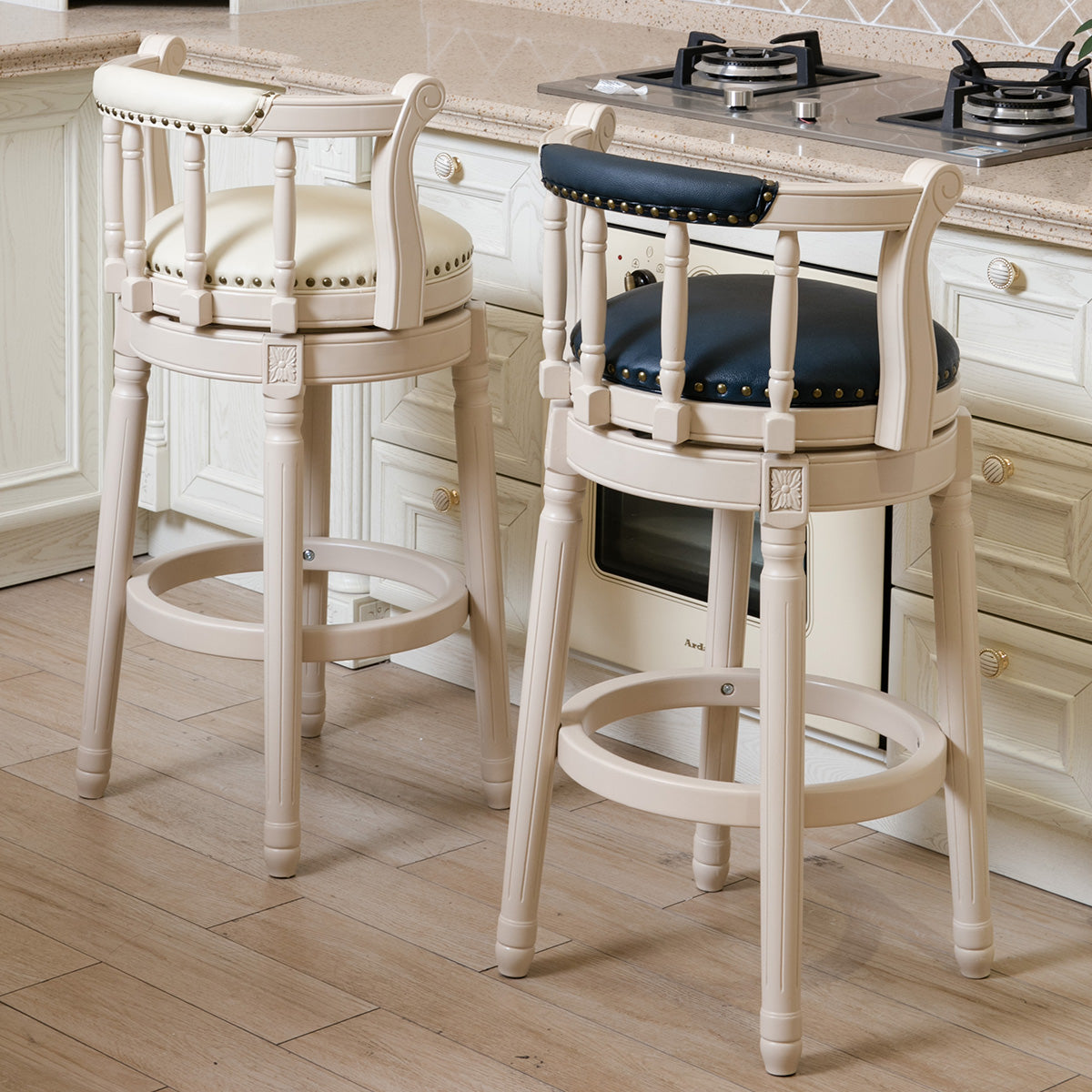 Bar Stools Seat Height 26'' Leather Wooden Bar Stools White Blue 1Pc Cream Blue Genuine Leather