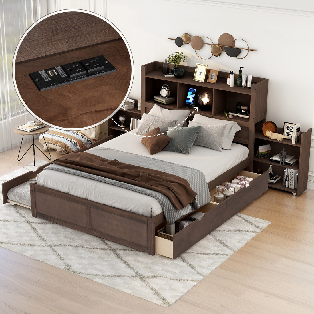 Full Size Storage Platform Bed With Pull Out Shelves, Twin Size Trundle And 2 Drawers, Espresso Box Spring Not Required Full Espresso Wood Bedroom Bed Frame Solid Wood Mdf