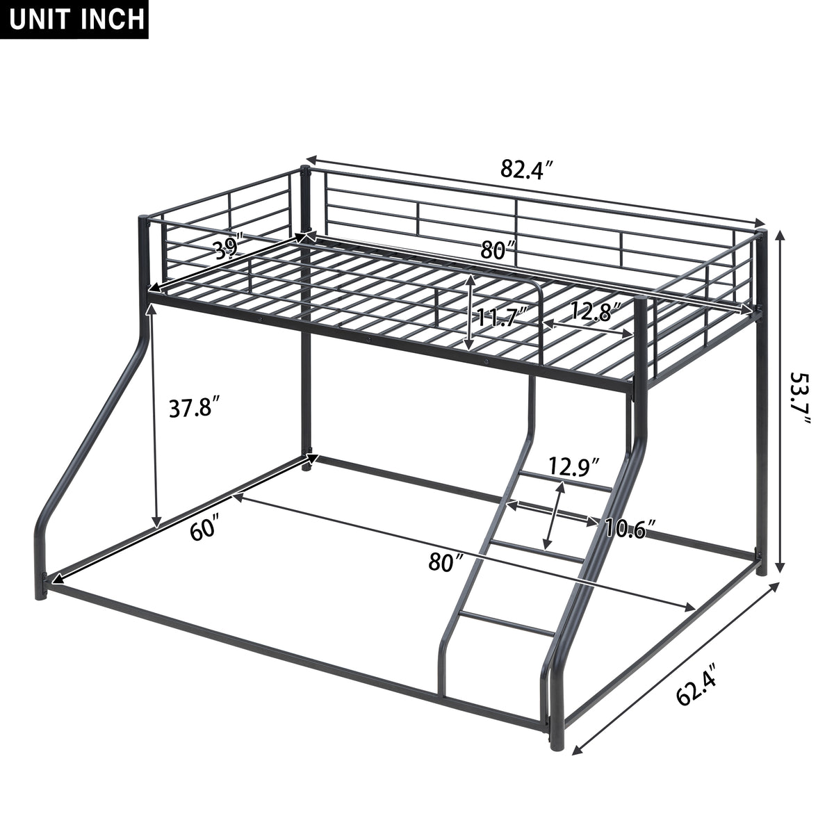 Metal Floor Bunk Bed, Twin Xl Over Queen, Black Black Metal