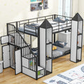 Metal Twin Over Twin Castle Shaped Bunk Bed With Wardrobe And Multiple Storage, Black White Box Spring Not Required Twin White Black Metal Bedroom Bunk Metal & Wood