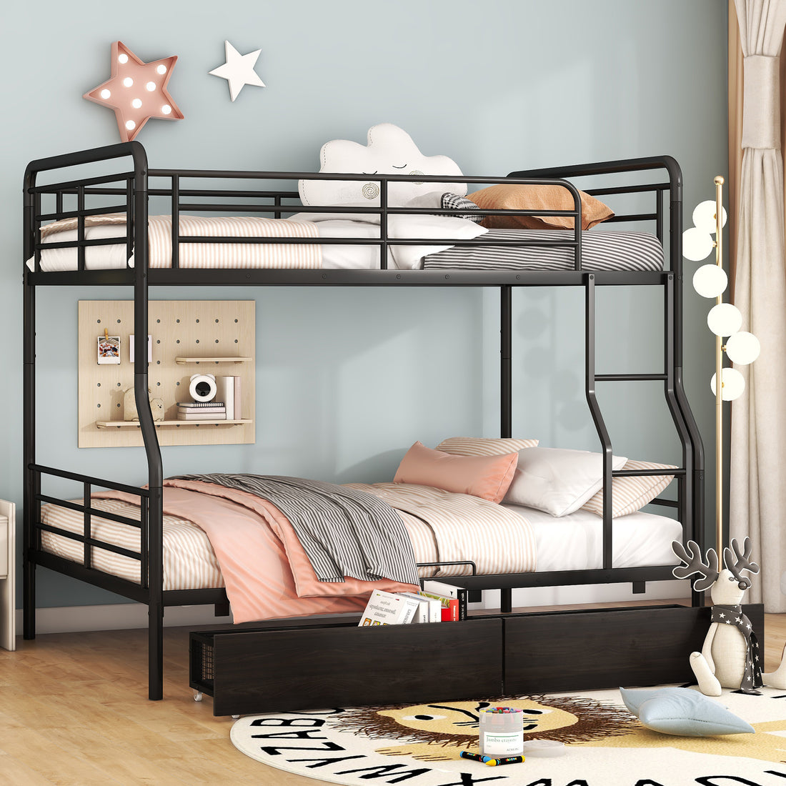 Full Xl Over Queen Metal Bunk Bed With 2 Drawers, Black Black Iron