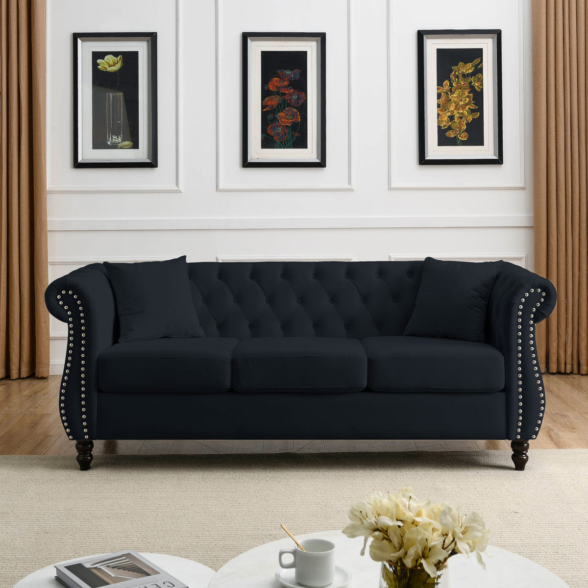 Video 80" Chesterfield Sofa Black Velvet For Living Room, 3 Seater Sofa Tufted Couch With Rolled Arms And For Living Room, Bedroom, Office, Apartment, 3S 2S Black Foam Velvet
