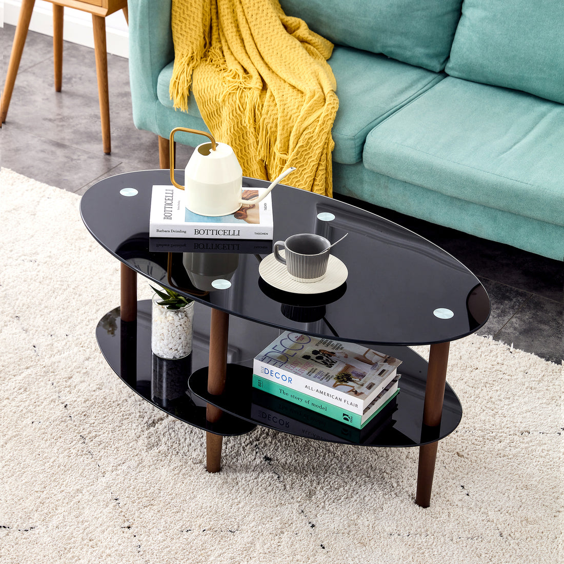 Black Oval Glass Coffee Table, Modern Table In Living Room Oak Wood Leg Tea Table 3 Layer Tempered Glass Table Brown Glass