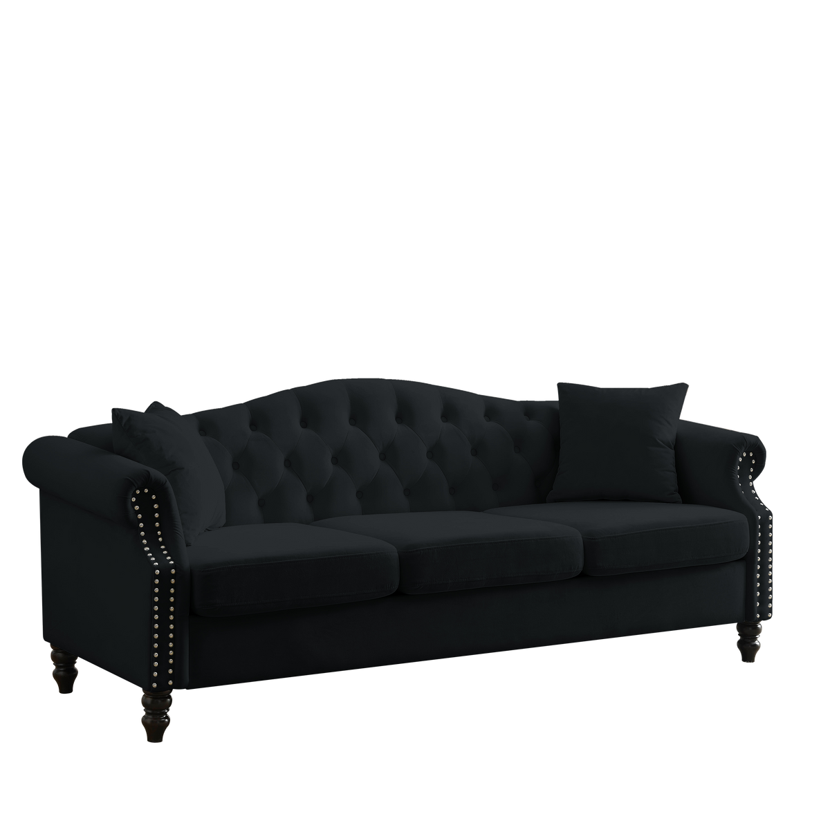 Video 79" Chesterfield Sofa Black Velvet For Living Room, 3 Seater Sofa Tufted Couch With Rolled Arms And For Living Room, Bedroom, Office, Apartment, 3S 3S Black Velvet