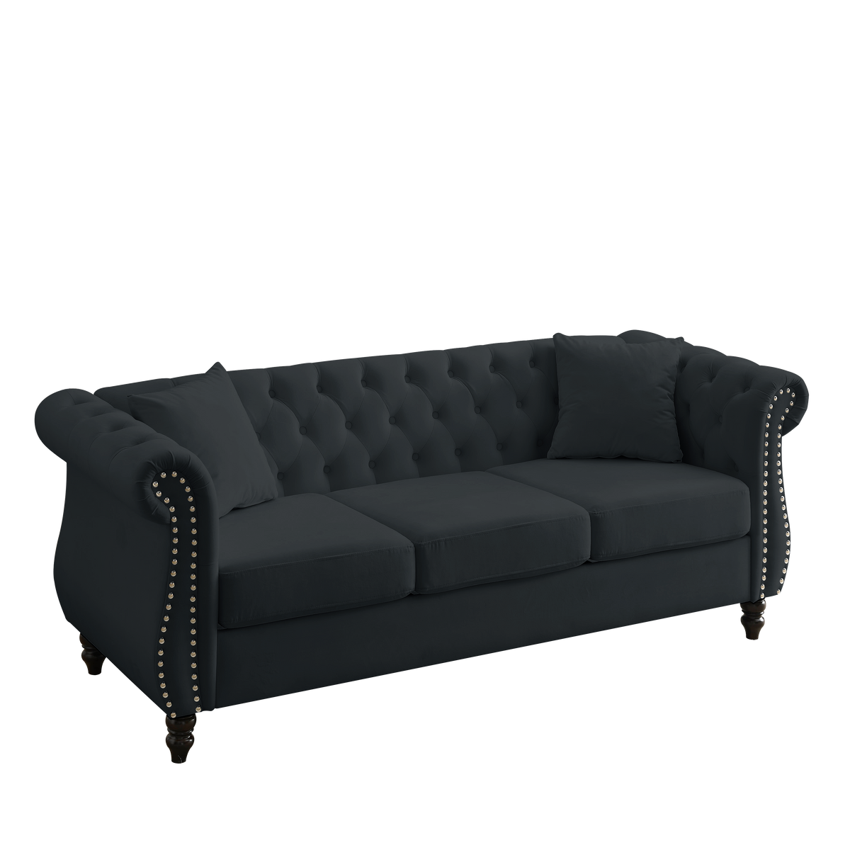Video 80" Chesterfield Sofa Black Velvet For Living Room, 3 Seater Sofa Tufted Couch With Rolled Arms And For Living Room, Bedroom, Office, Apartment, 3S With 3S Black Foam Velvet