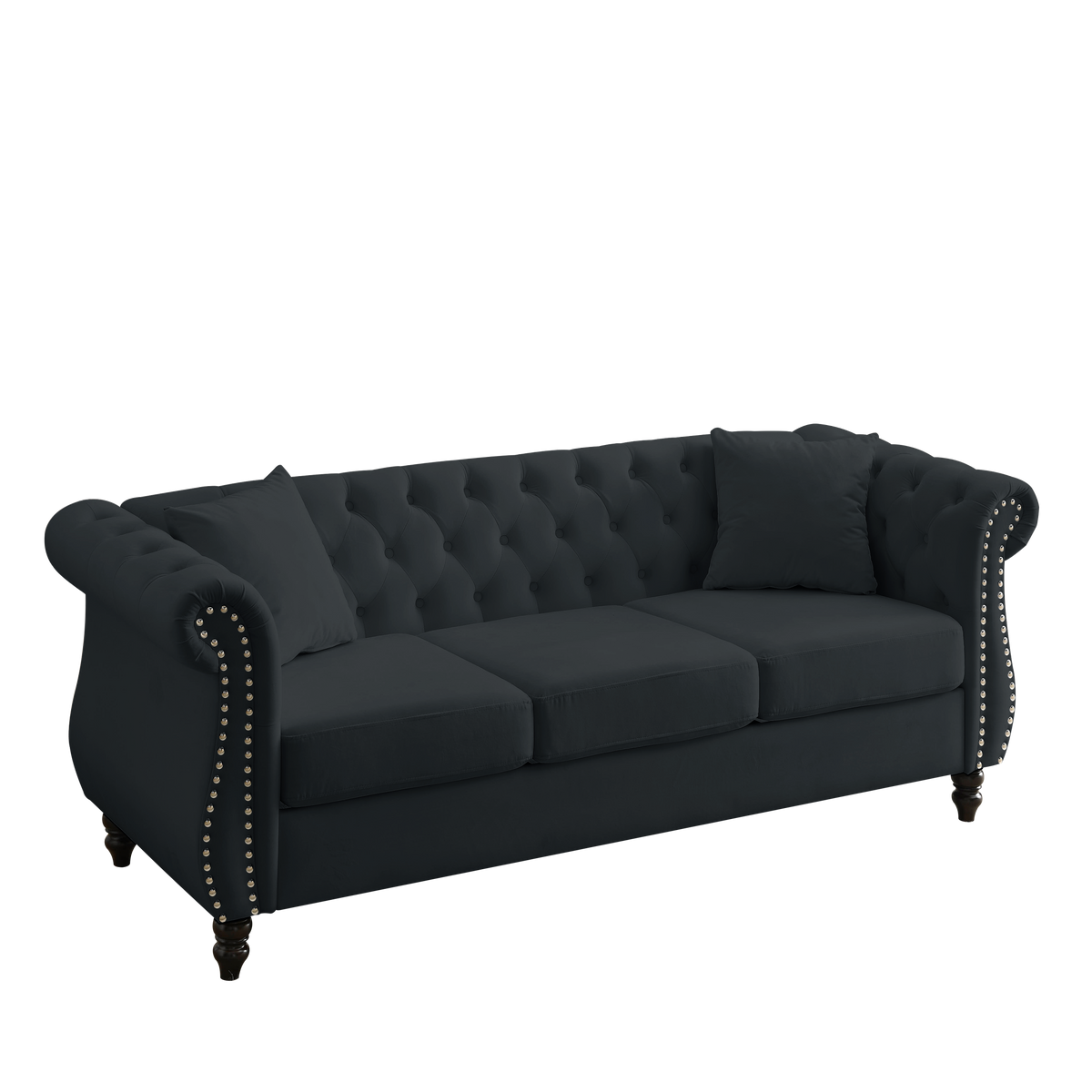 Video 80" Chesterfield Sofa Black Velvet For Living Room, 3 Seater Sofa Tufted Couch With Rolled Arms And For Living Room, Bedroom, Office, Apartment, 3S 2S Black Foam Velvet
