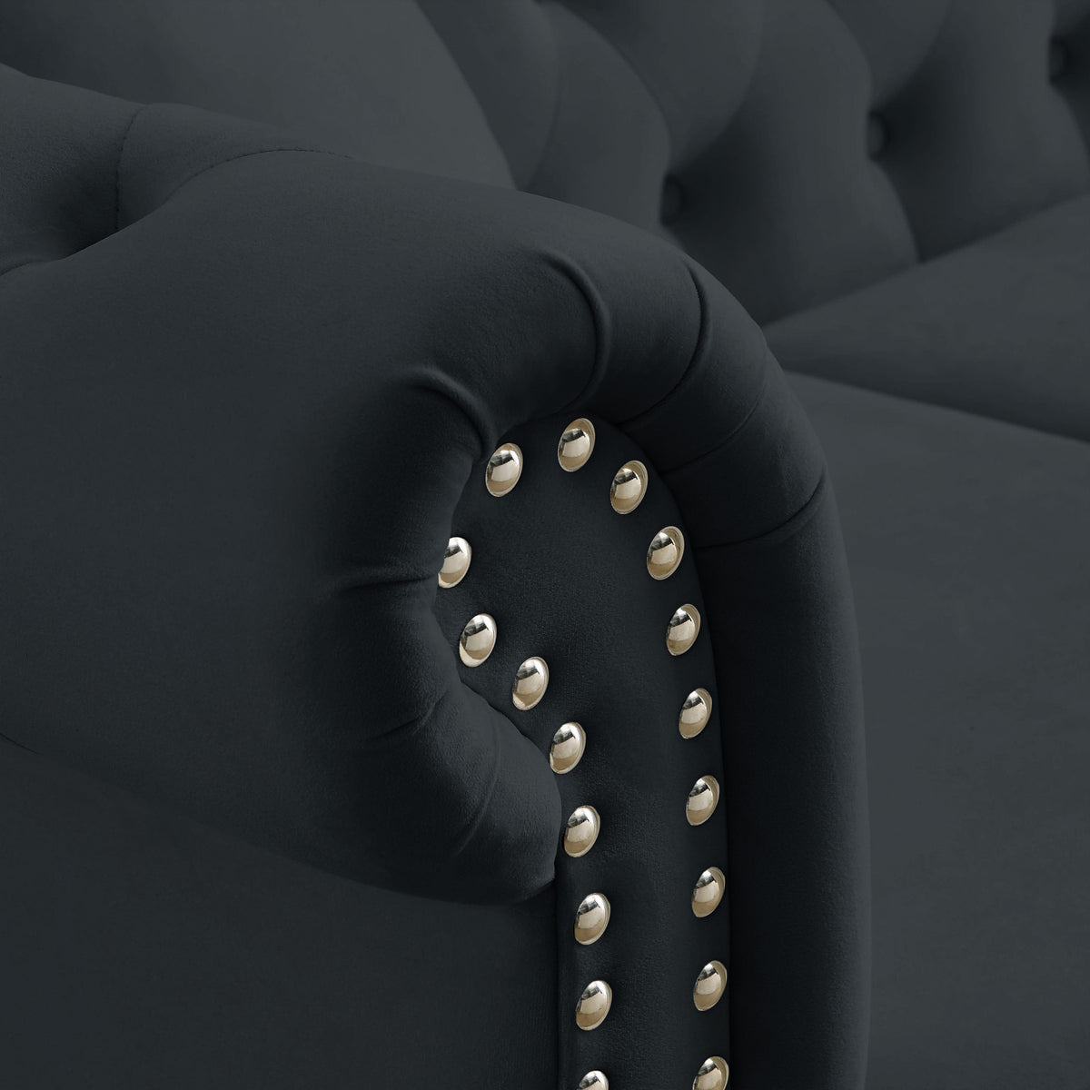 58.8" Chesterfield Sofa Black Velvet For Living Room, 2 Seater Sofa Tufted Couch With Rolled Arms And For Living Room, Bedroom, Office, Apartment, Two Pillows Black Foam Velvet