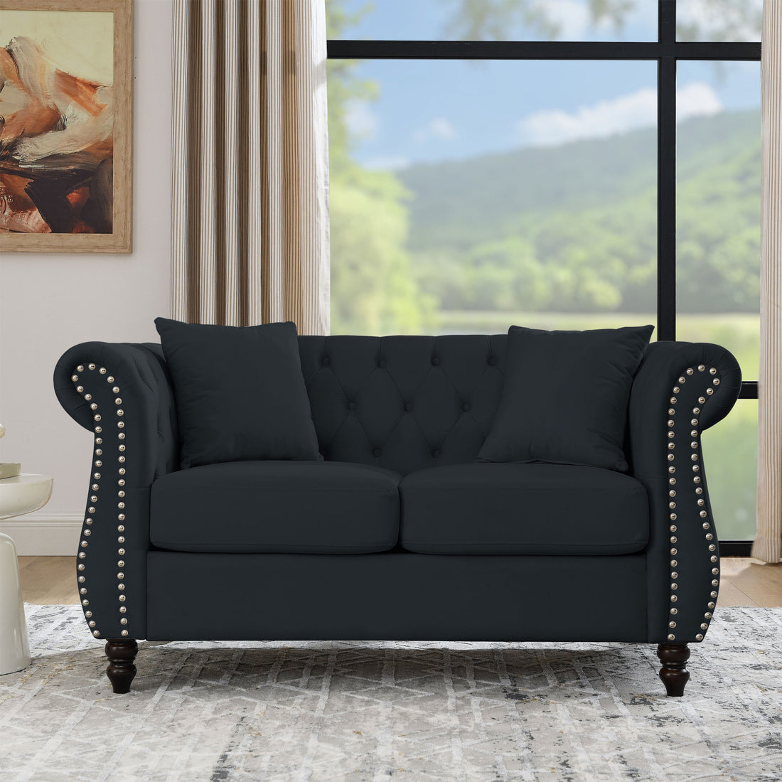58.8" Chesterfield Sofa Black Velvet For Living Room, 2 Seater Sofa Tufted Couch With Rolled Arms And For Living Room, Bedroom, Office, Apartment, Two Pillows Black Foam Velvet