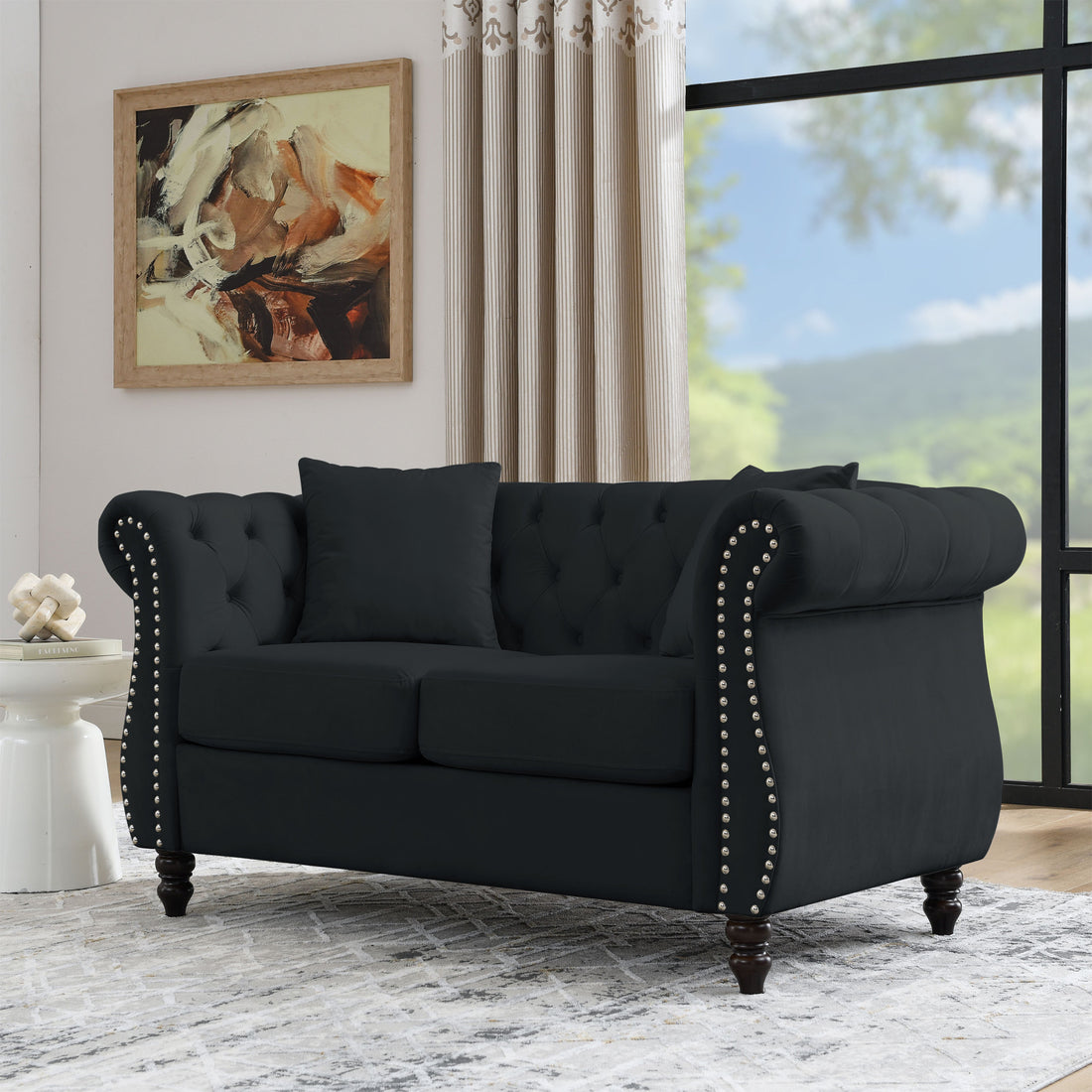 58.8" Chesterfield Sofa Black Velvet For Living Room, 2 Seater Sofa Tufted Couch With Rolled Arms And For Living Room, Bedroom, Office, Apartment, Two Pillows Black Foam Velvet