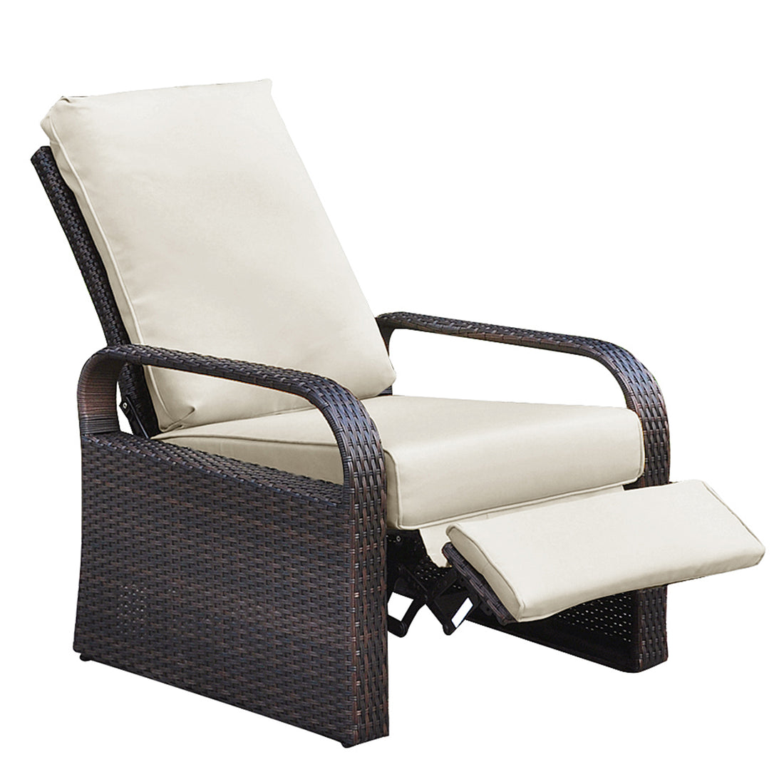 Outdoor Recliner, Automatic Adjustable Wicker Lounge Recliner Chair With Comfy Thicken Cushion, All Weather Aluminum Frame, Brown Wicker Beige Cushion Yes Lounge Beige Brown Rust Resistant Frame Fade Resistant Cushion Garden & Outdoor Classic Complete