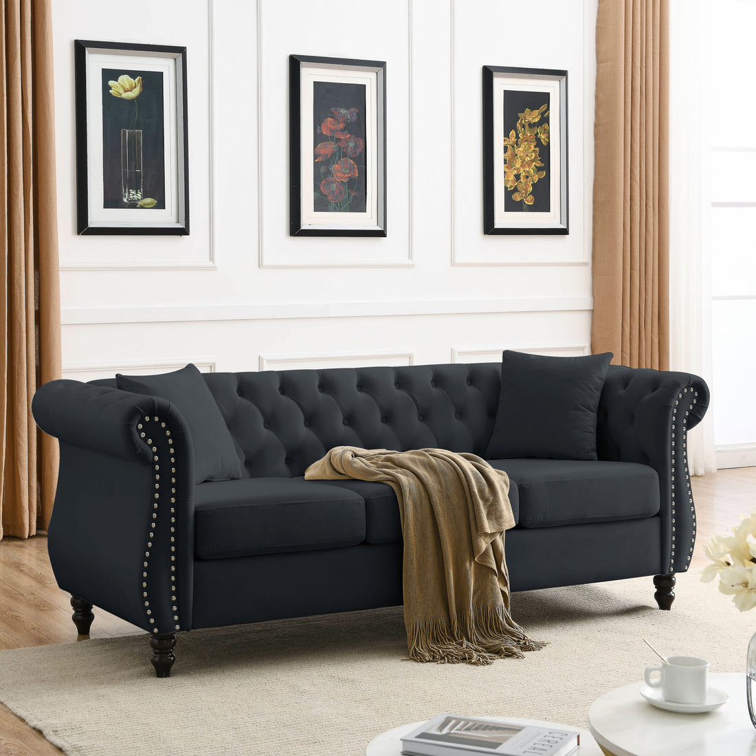 Video 80" Chesterfield Sofa Black Velvet For Living Room, 3 Seater Sofa Tufted Couch With Rolled Arms And For Living Room, Bedroom, Office, Apartment, Two Pillows Black Foam Velvet