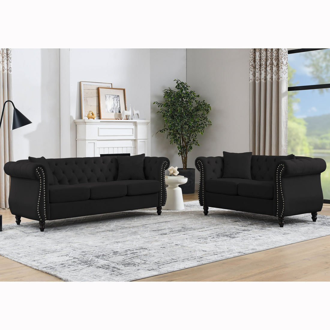 Video 80" Chesterfield Sofa Black Velvet For Living Room, 3 Seater Sofa Tufted Couch With Rolled Arms And For Living Room, Bedroom, Office, Apartment, 3S 2S Black Foam Velvet