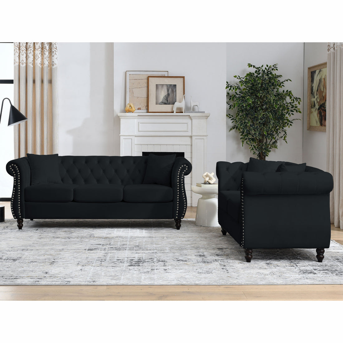 Video 80" Chesterfield Sofa Black Velvet For Living Room, 3 Seater Sofa Tufted Couch With Rolled Arms And For Living Room, Bedroom, Office, Apartment, 3S 2S Black Foam Velvet