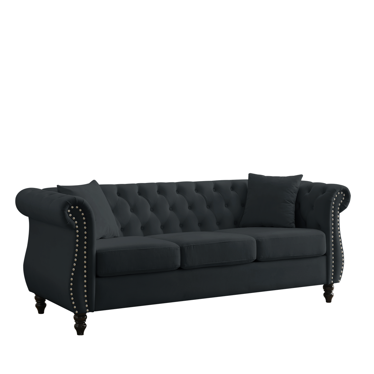 Video 80" Chesterfield Sofa Black Velvet For Living Room, 3 Seater Sofa Tufted Couch With Rolled Arms And For Living Room, Bedroom, Office, Apartment, 3S With 3S Black Foam Velvet