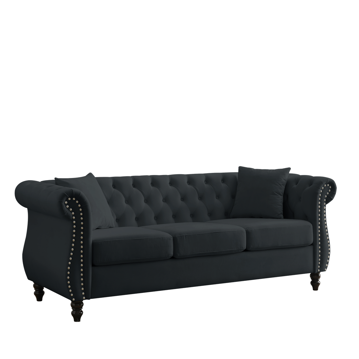 Video 80" Chesterfield Sofa Black Velvet For Living Room, 3 Seater Sofa Tufted Couch With Rolled Arms And For Living Room, Bedroom, Office, Apartment, 3S 2S Black Foam Velvet