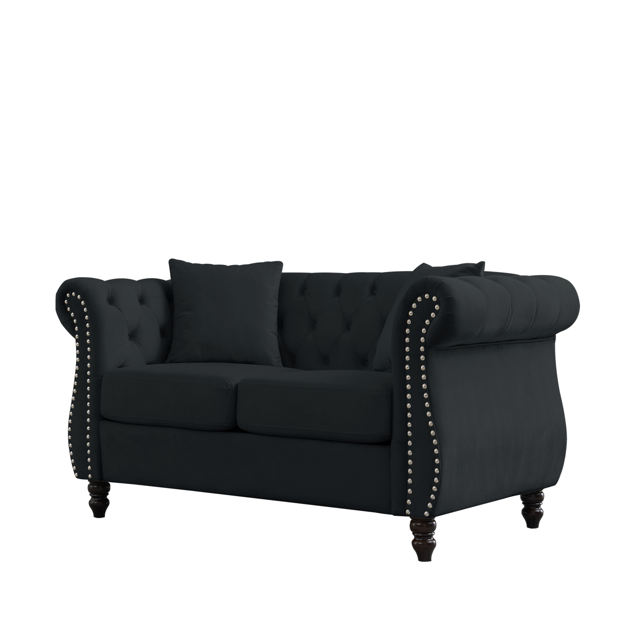 58.8" Chesterfield Sofa Black Velvet For Living Room, 2 Seater Sofa Tufted Couch With Rolled Arms And For Living Room, Bedroom, Office, Apartment, Two Pillows Black Foam Velvet