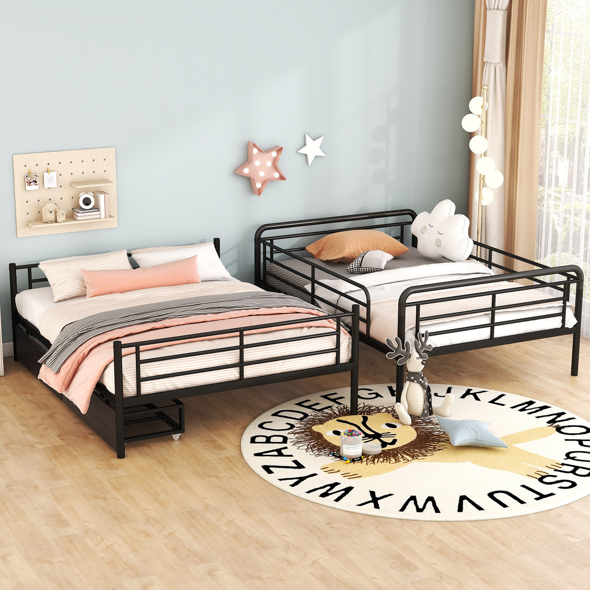 Full Xl Over Queen Metal Bunk Bed With 2 Drawers, Black Black Iron