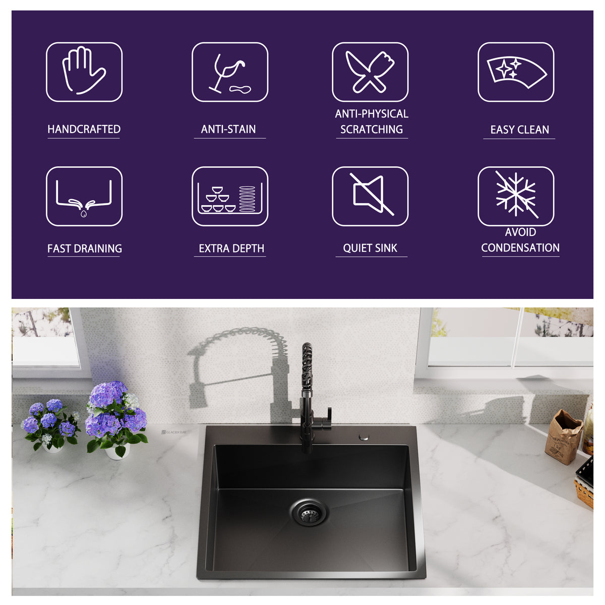 25X22Inch Gunmetal Black Topmount 304 Stainless Steel 18 Gauge Kitchen Sink Gunmetal Black Stainless Steel
