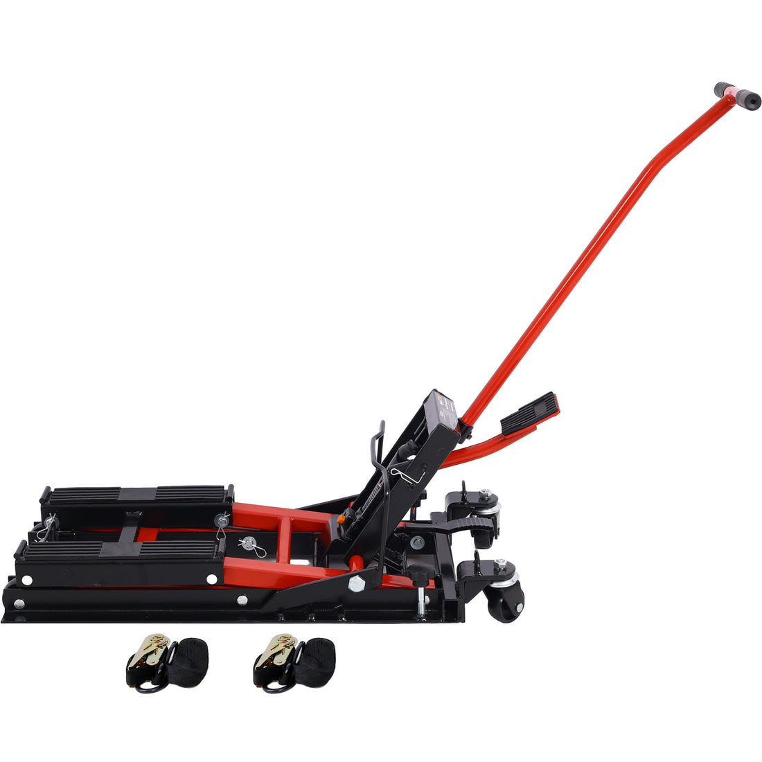 Hydraulic Motorcycle Lift Jack, 1500 Lbs Capacity Atv Scissor Lift Jack, Portable Motorcycle Lift Table With 4 Wheels, Hydraulic Foot Operated Hoist Stand For Motorcycle Atv Utv With Tie Down Black Red Steel