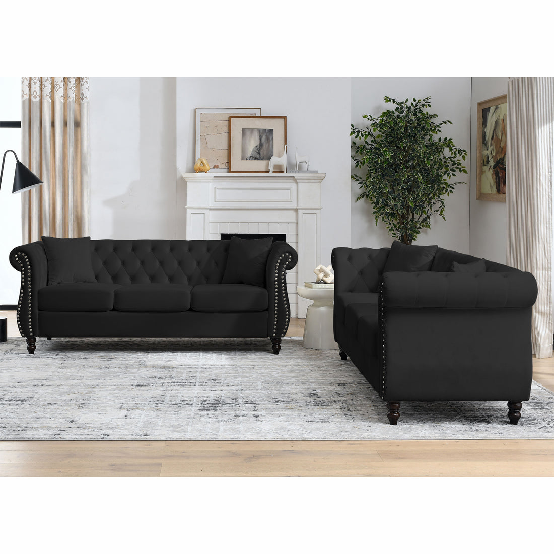 Video 80" Chesterfield Sofa Black Velvet For Living Room, 3 Seater Sofa Tufted Couch With Rolled Arms And For Living Room, Bedroom, Office, Apartment, 3S With 3S Black Foam Velvet