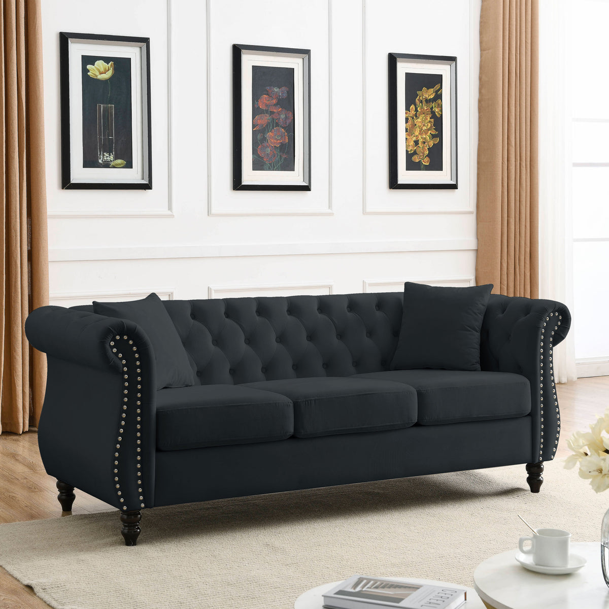 Video 80" Chesterfield Sofa Black Velvet For Living Room, 3 Seater Sofa Tufted Couch With Rolled Arms And For Living Room, Bedroom, Office, Apartment, 3S 2S Black Foam Velvet