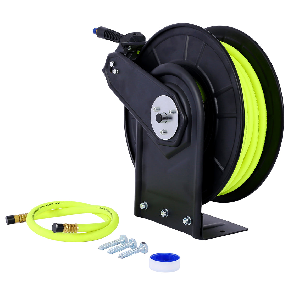 Retractable Air Hose Reel With 3 8" Inch X 50' Ft,Heavy Duty Steel Hose Reel Auto Rewind Pneumatic,Industrial Grade Rubber Hose,300 Psi,Black Black Steel