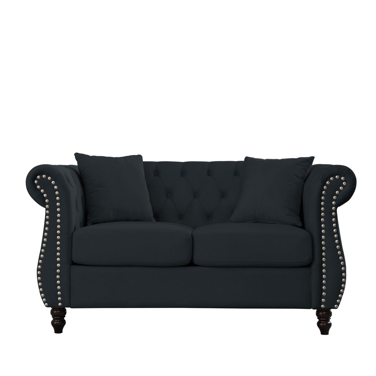58.8" Chesterfield Sofa Black Velvet For Living Room, 2 Seater Sofa Tufted Couch With Rolled Arms And For Living Room, Bedroom, Office, Apartment, Two Pillows Black Foam Velvet