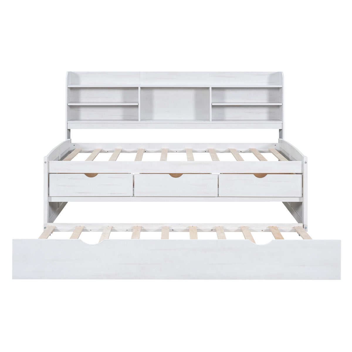 Twin Size Wooden Captain Bed With Built In Bookshelves,Three Storage Drawers And Trundle, White Wash Box Spring Not Required Twin White Washed Wood Pine