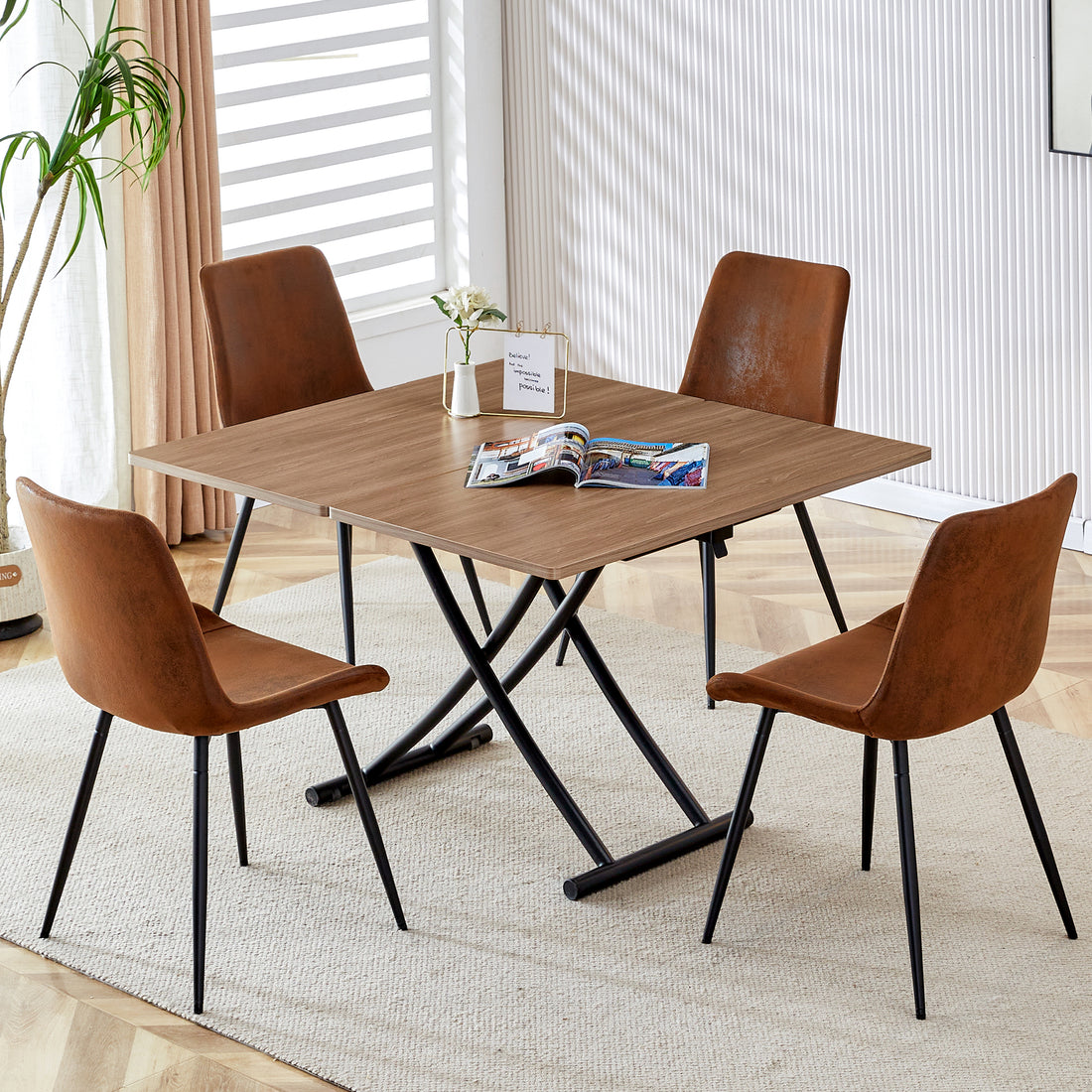Modern Minimalist Multifunctional Lifting Table, 0.8 Inch Wood Grain Craft Sticker Desktop, Black Metal Legs. 4 Upholstered Dining Chairs With Black Metal Legs. Lt 10055 B0502 Natural Wood Wash Metal